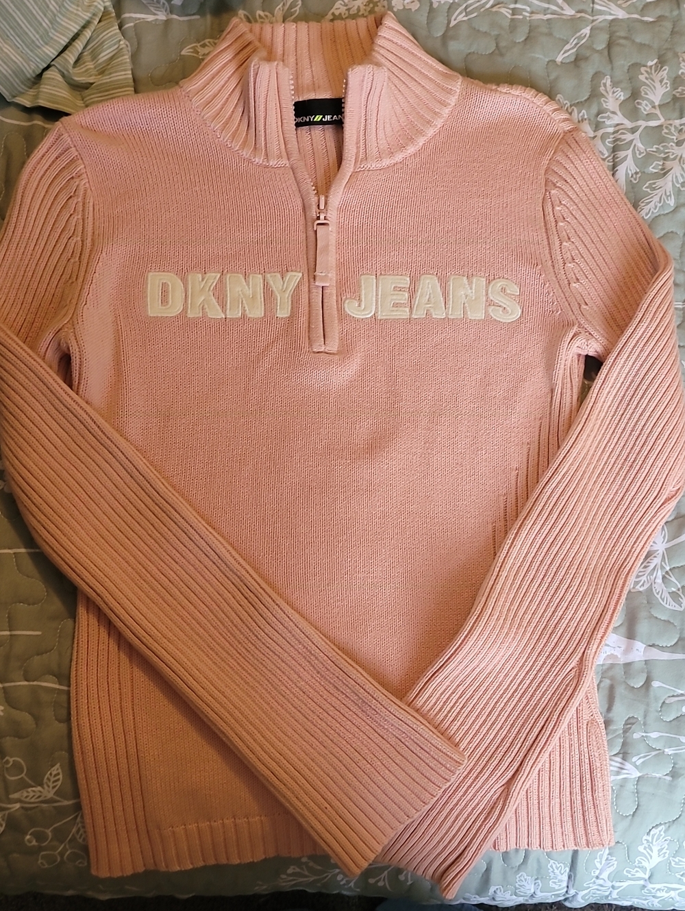 Vintage Y2K DKNY Jeans Pink Ribbed Quarter Zip Sweater - Size M